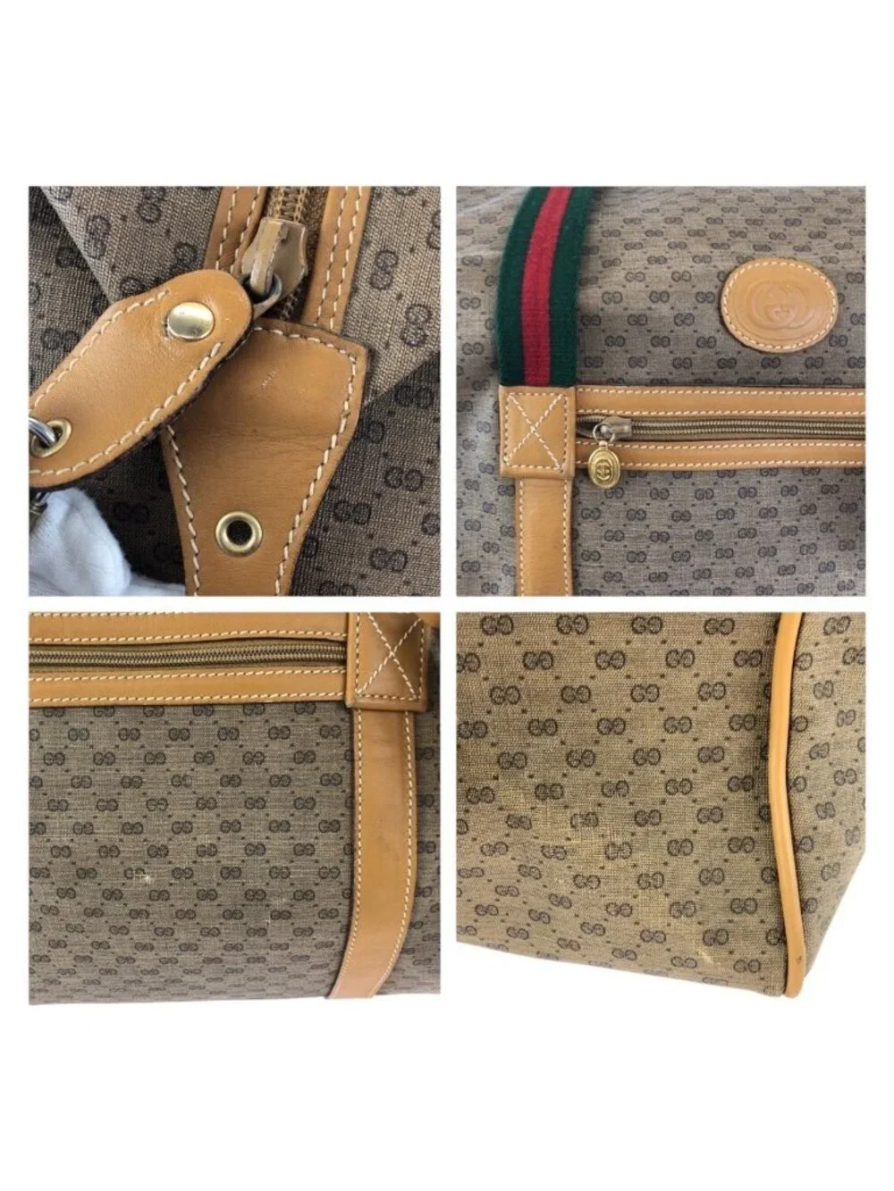Gucci Vintage Sherry Line Micro GG Beige Gold Leather Boston